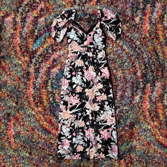 New Look Dresses & Skirts - New Look Floral Maxi Dress V Neck Cold Shoulder 8 Black Pink Beach Vacation Boho